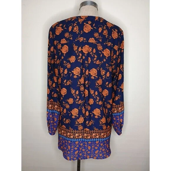 Pleione Blouse Womens Size XL Dark Blue Orange Floral Long Sleeve Anthro - Picture 3 of 10